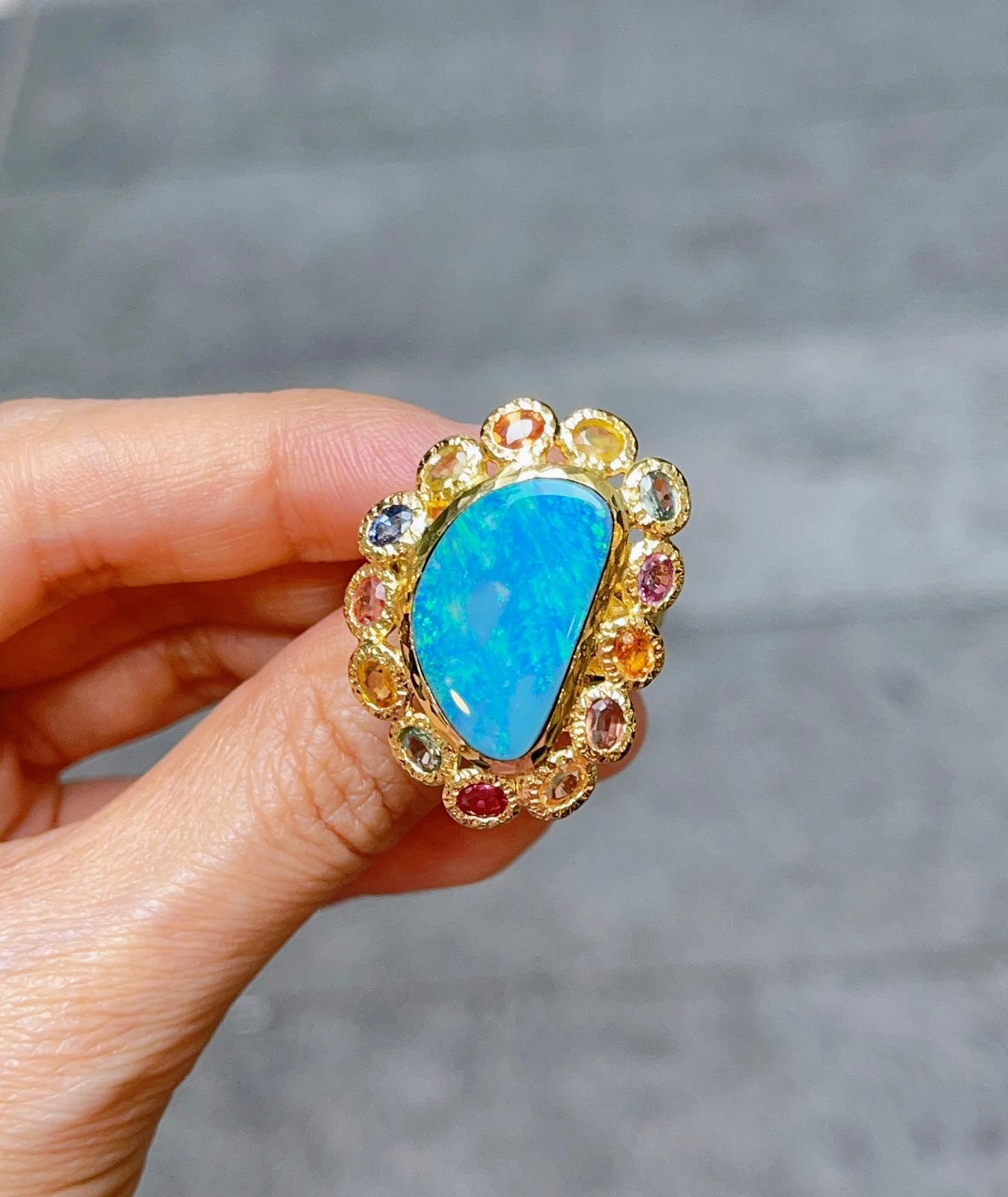 Bochic “Capri” Blue Opal & Multi Color Sapphire Ring Set in 22k Gold & Silver 7