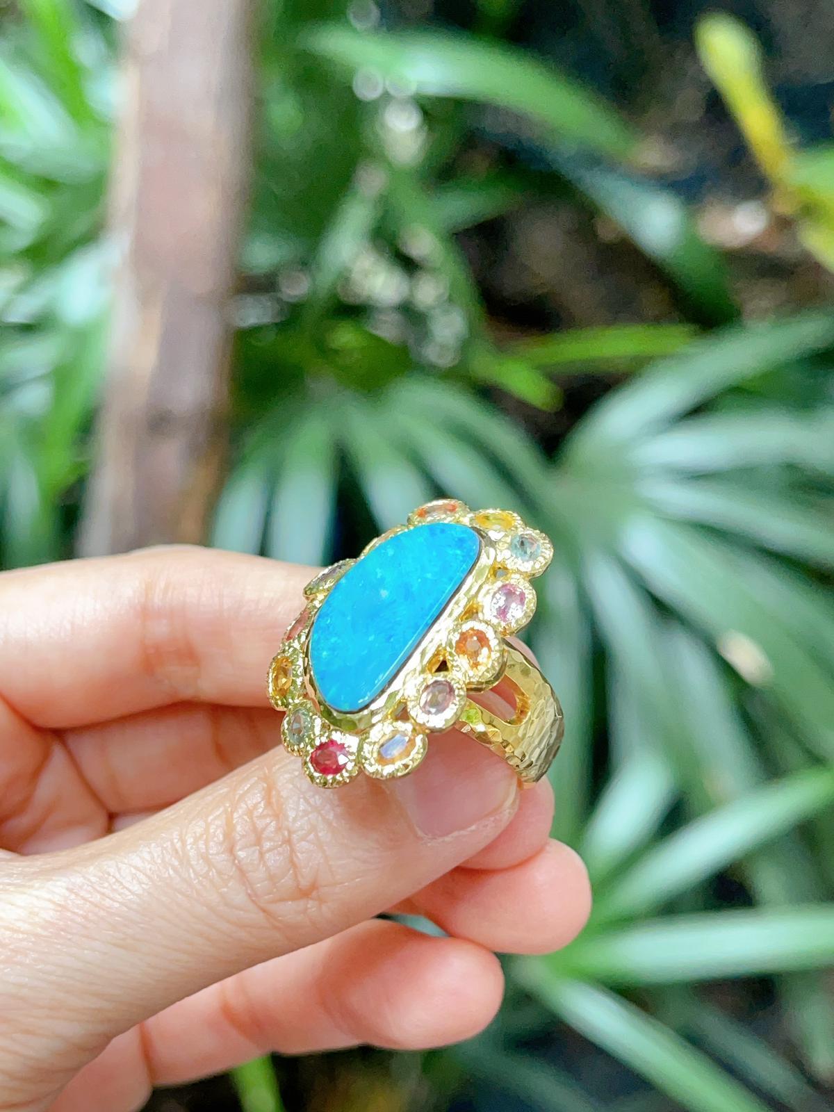 Bochic “Capri” Blue Opal & Multi Color Sapphire Ring Set in 22k Gold & Silver 10