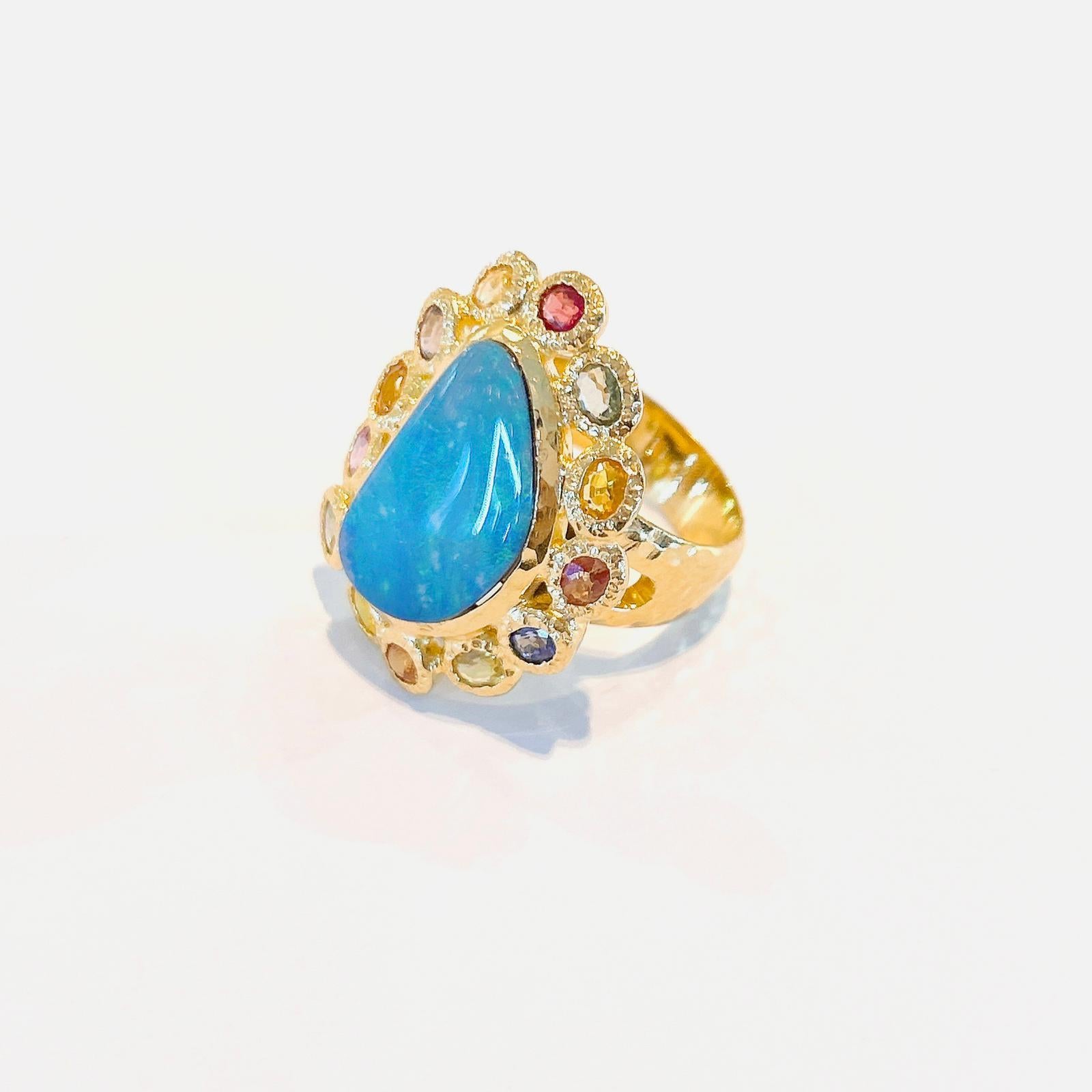 Bochic “Capri” Blue Opal & Multi Color Sapphire Cocktail Ring Set In 22K Gold & Silver 
Multi natural gem Ring 
Beautiful Natural Blue Opal - 29 carats
Natural Multi Color Sapphires from Sri Lanka - 6 carats 
Round and oval brilliant shapes 
This