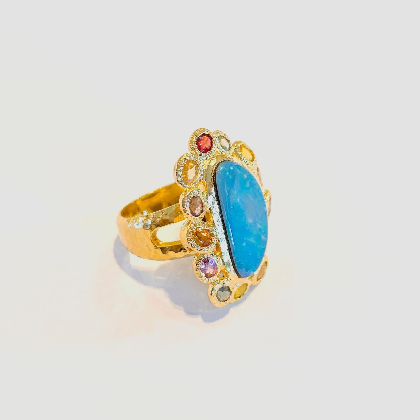 Baroque Bochic “Capri” Blue Opal & Multi Color Sapphire Ring Set in 22k Gold & Silver