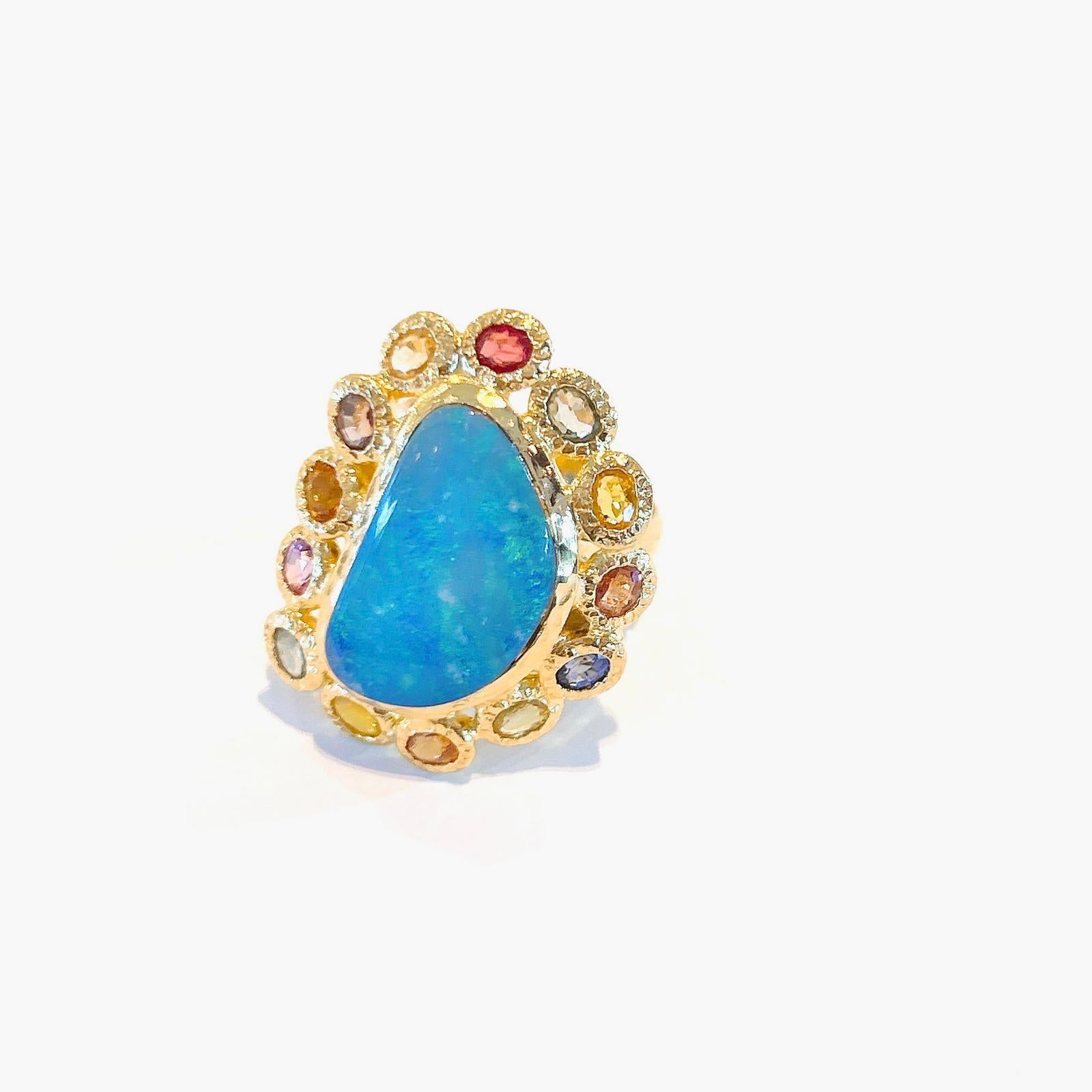 Brilliant Cut Bochic “Capri” Blue Opal & Multi Color Sapphire Ring Set in 22k Gold & Silver