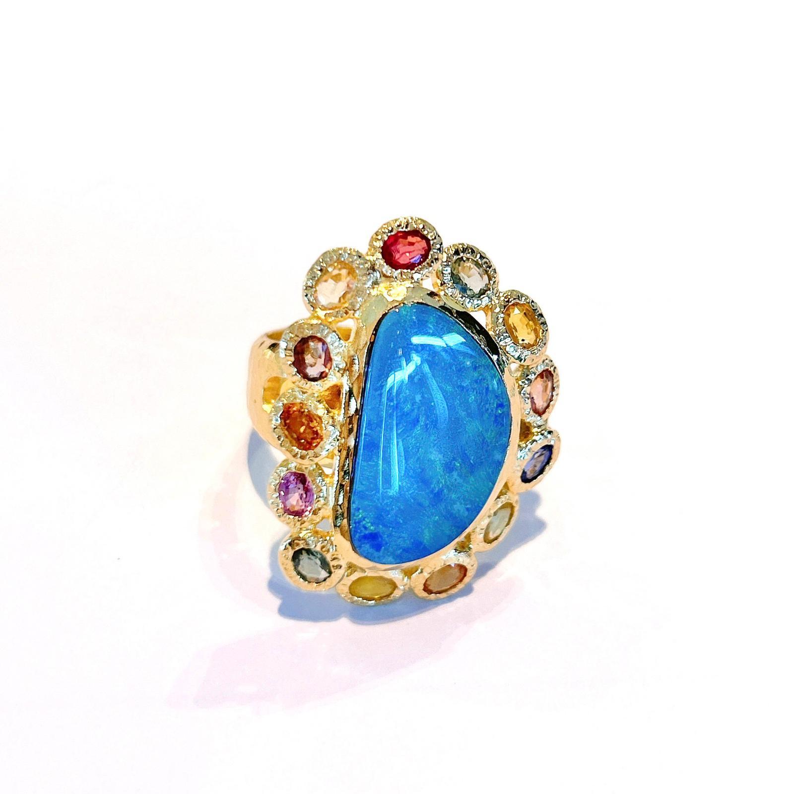 Bochic “Capri” Blue Opal & Multi Color Sapphire Ring Set in 22k Gold & Silver In New Condition In New York, NY
