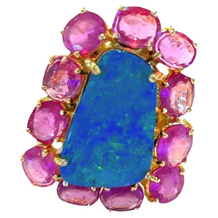 Bochic “Capri” Blue Opal & Red Rose Ruby Cluster Ring Set In 18K Gold & Silver 