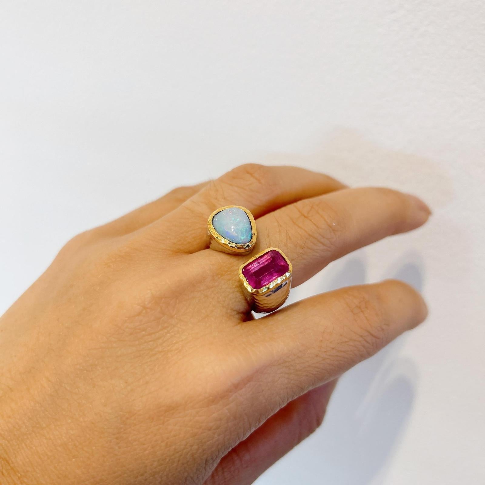 Belle Époque Bochic “Capri” Blue Opal & Red Ruby Cocktail Ring 18k Gold & Silver For Sale