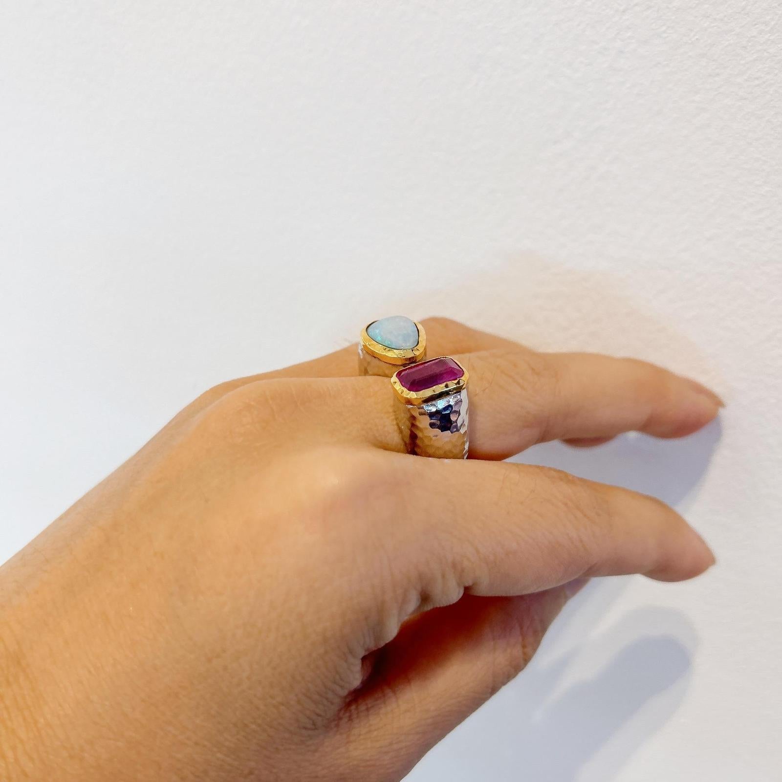 Cabochon Bochic “Capri” Blue Opal & Red Ruby Cocktail Ring 18k Gold & Silver For Sale