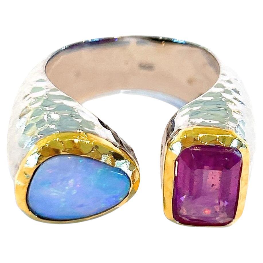 Bochic “Capri” Blue Opal & Red Ruby Cocktail Ring 18k Gold & Silver For Sale