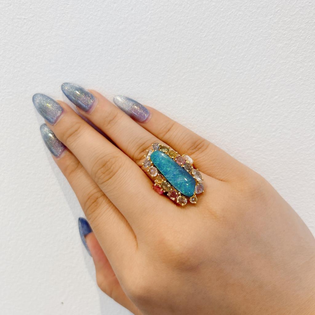 Baroque Bochic “Capri” Blue Opal & Rose Cut Sapphire Ring Set In 18K Gold & Silver  For Sale