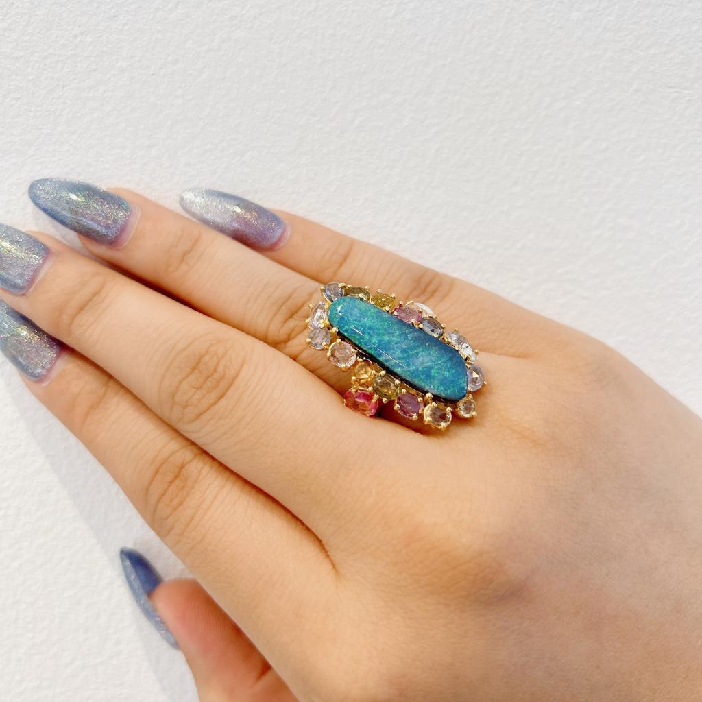 Bochic “Capri” Blue Opal & Rose Cut Sapphire Ring Set In 18K Gold & Silver  In New Condition For Sale In New York, NY