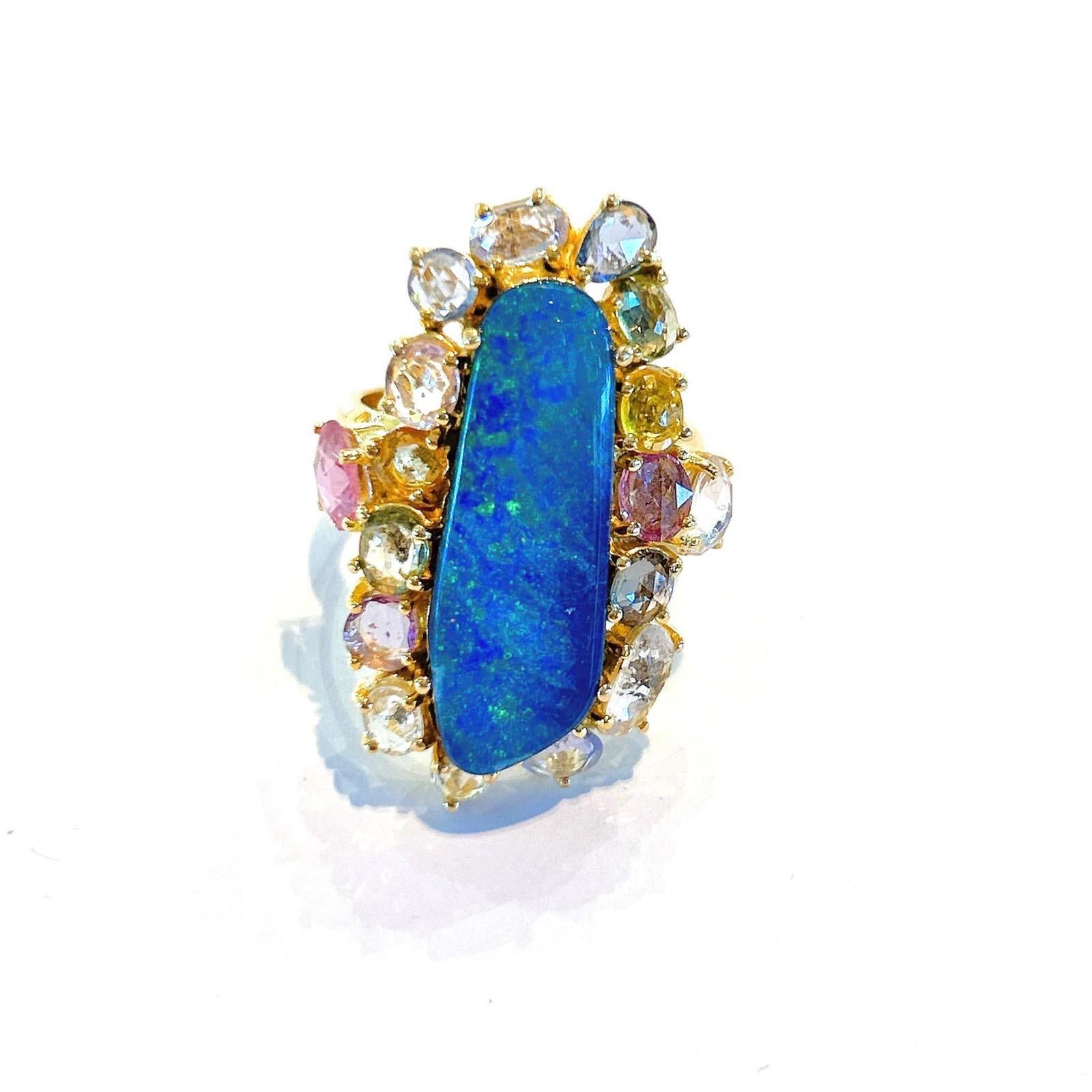 Women's Bochic “Capri” Blue Opal & Rose Cut Sapphire Ring Set In 18K Gold & Silver  For Sale