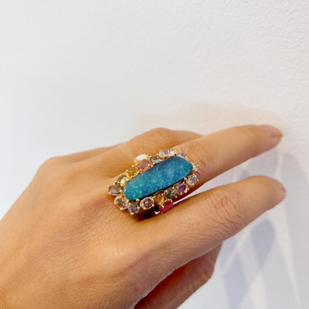 Bochic “Capri” Blue Opal & Rose Cut Sapphire Ring Set In 18K Gold & Silver  For Sale 1