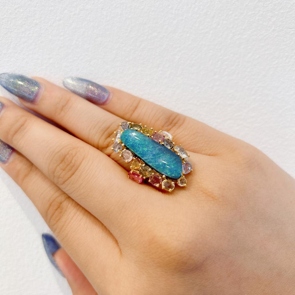 Bochic “Capri” Blue Opal & Rose Cut Sapphire Ring Set In 18K Gold & Silver  For Sale 4