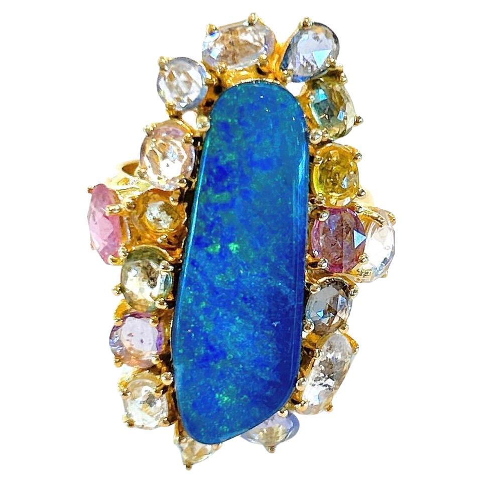 Bochic “Capri” Blue Opal & Rose Cut Sapphire Ring Set In 18K Gold & Silver  For Sale