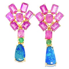 Bochic “Capri” Blue Opal, Ruby & Emerald Earrings Set in 22k Gold & Silver