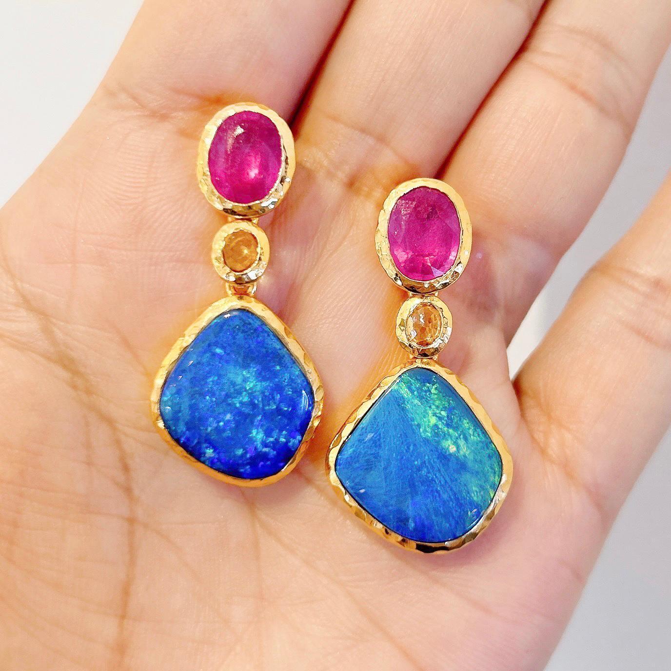 Belle Époque Bochic “Capri” Blue Opal, Ruby, Sapphire Earrings Set in 22k Gold & Silver For Sale