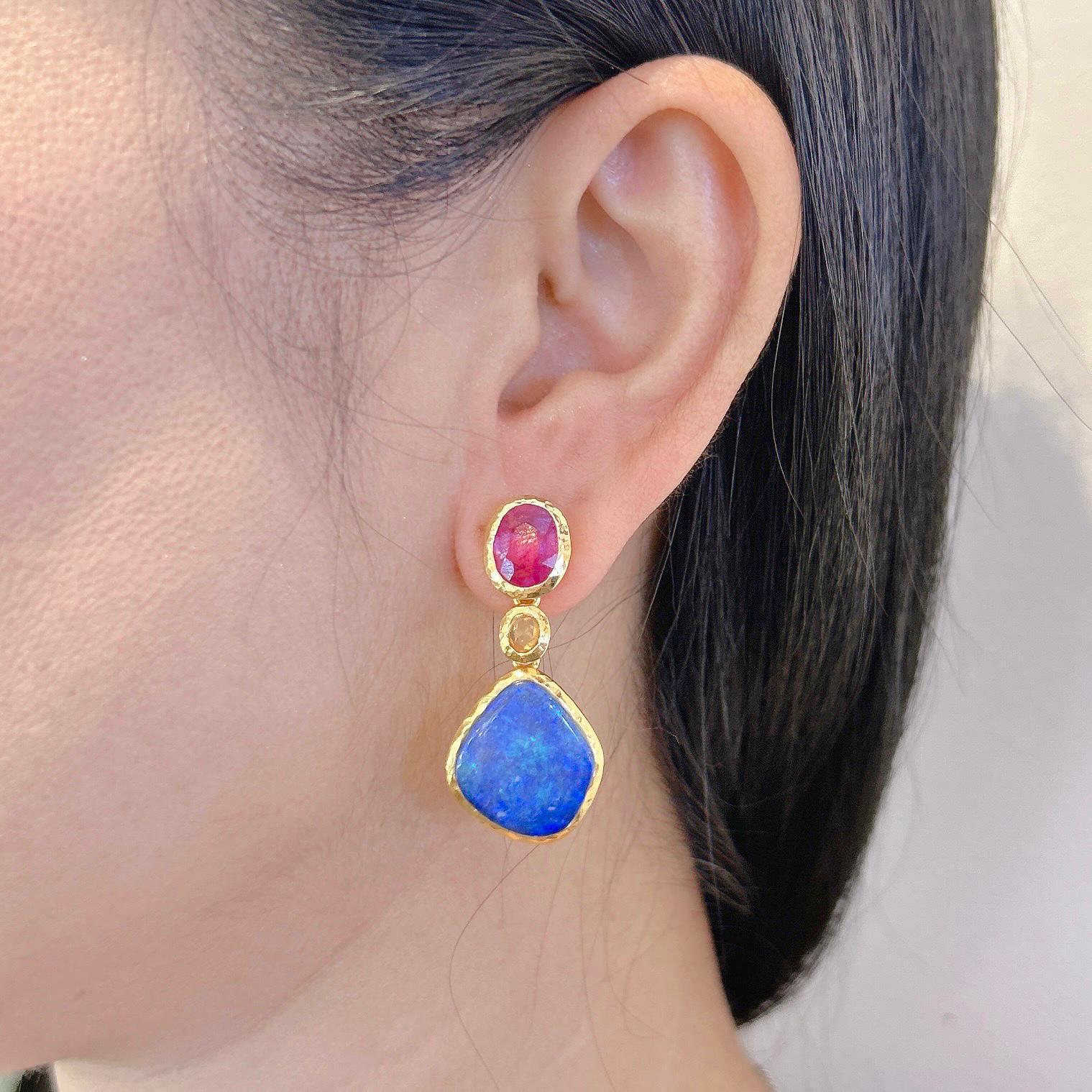 Brilliant Cut Bochic “Capri” Blue Opal, Ruby, Sapphire Earrings Set in 22k Gold & Silver For Sale