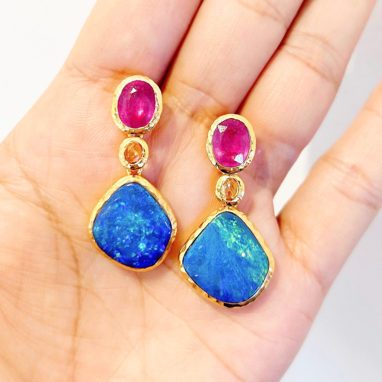 Bochic “Capri” Blue Opal, Ruby, Sapphire Earrings Set in 22k Gold & Silver In New Condition For Sale In New York, NY