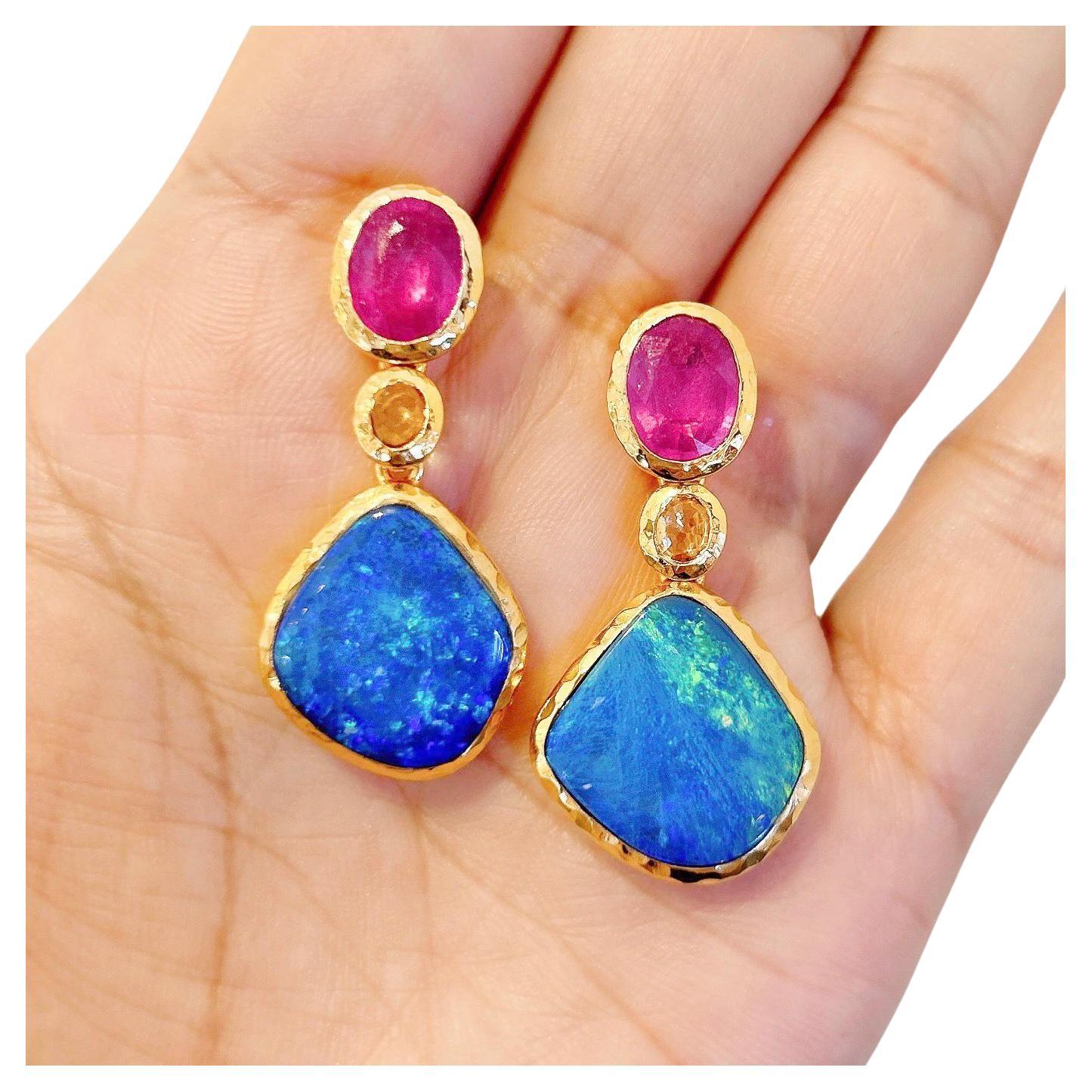 Bochic “Capri” Blue Opal, Ruby, Sapphire Earrings Set In 22K Gold & Silver 
Multi natural gems earrings 
Beautiful Natural Red Rubies - 5 carats
Natural Yellow Color Sapphire from Sri Lankan  - 5 carats 
Round brilliant shapes 
Natural Blue