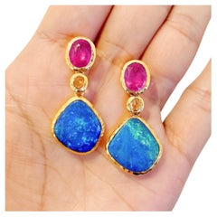 Bochic “Capri” Blue Opal, Ruby, Sapphire Earrings Set in 22k Gold & Silver