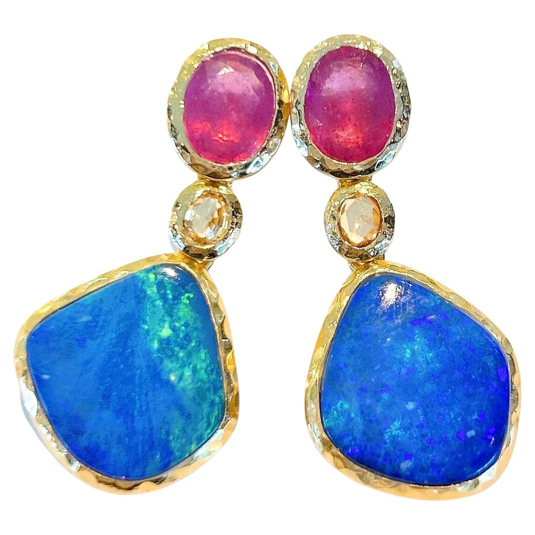 Bochic “Capri” Blue Opal, Ruby, Sapphire Earrings Set in 22k Gold & Silver For Sale