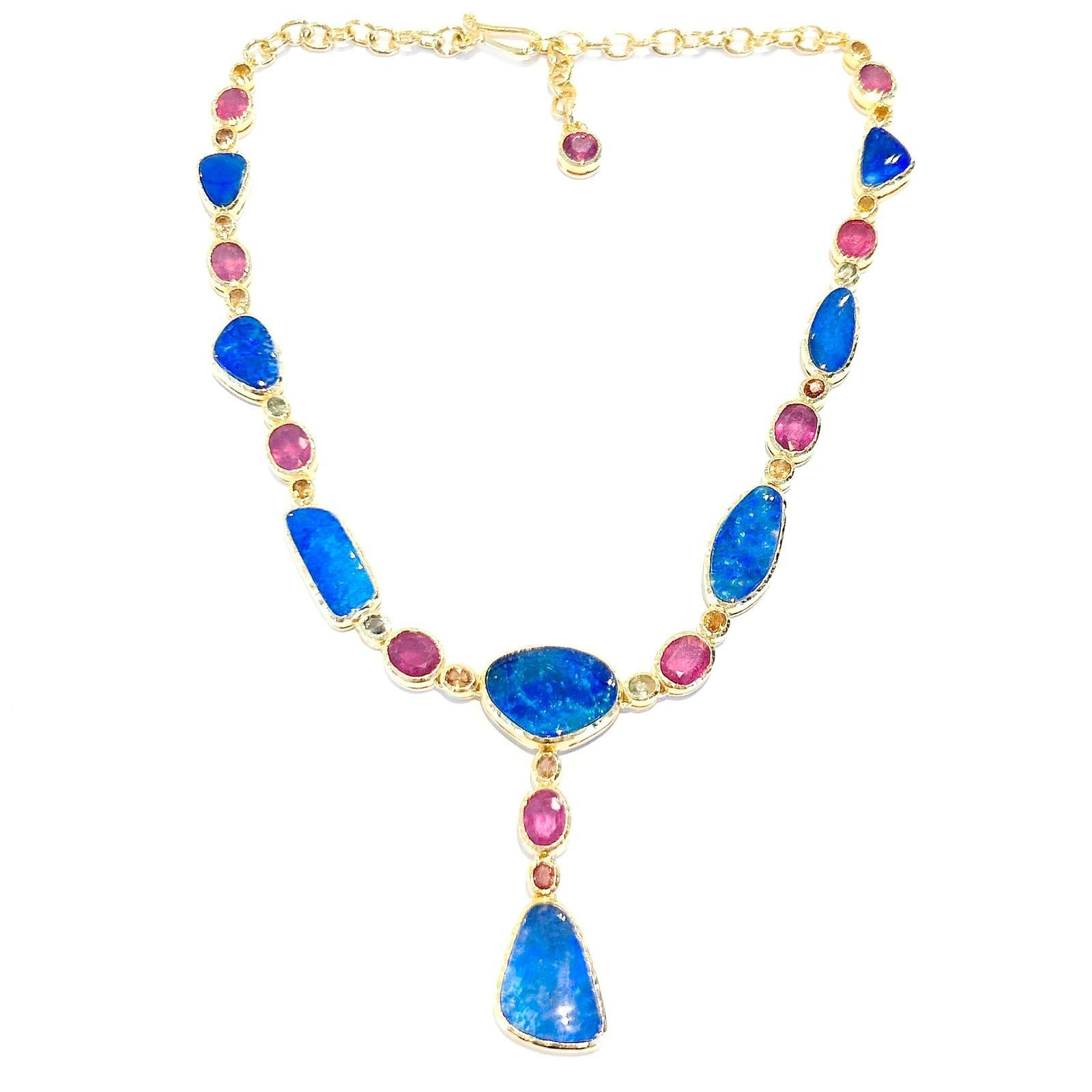 Bochic “Capri” Blue Australian Opal, Ruby, Sapphire Necklace Set In 22K Gold & Silver 
Drop Necklace, Multi natural gem necklace 
Beautiful Natural Australian Blue Opal Natural cut  - 39 carats
Natural Red Pink Color Rubies  - 21 carats 
Oval