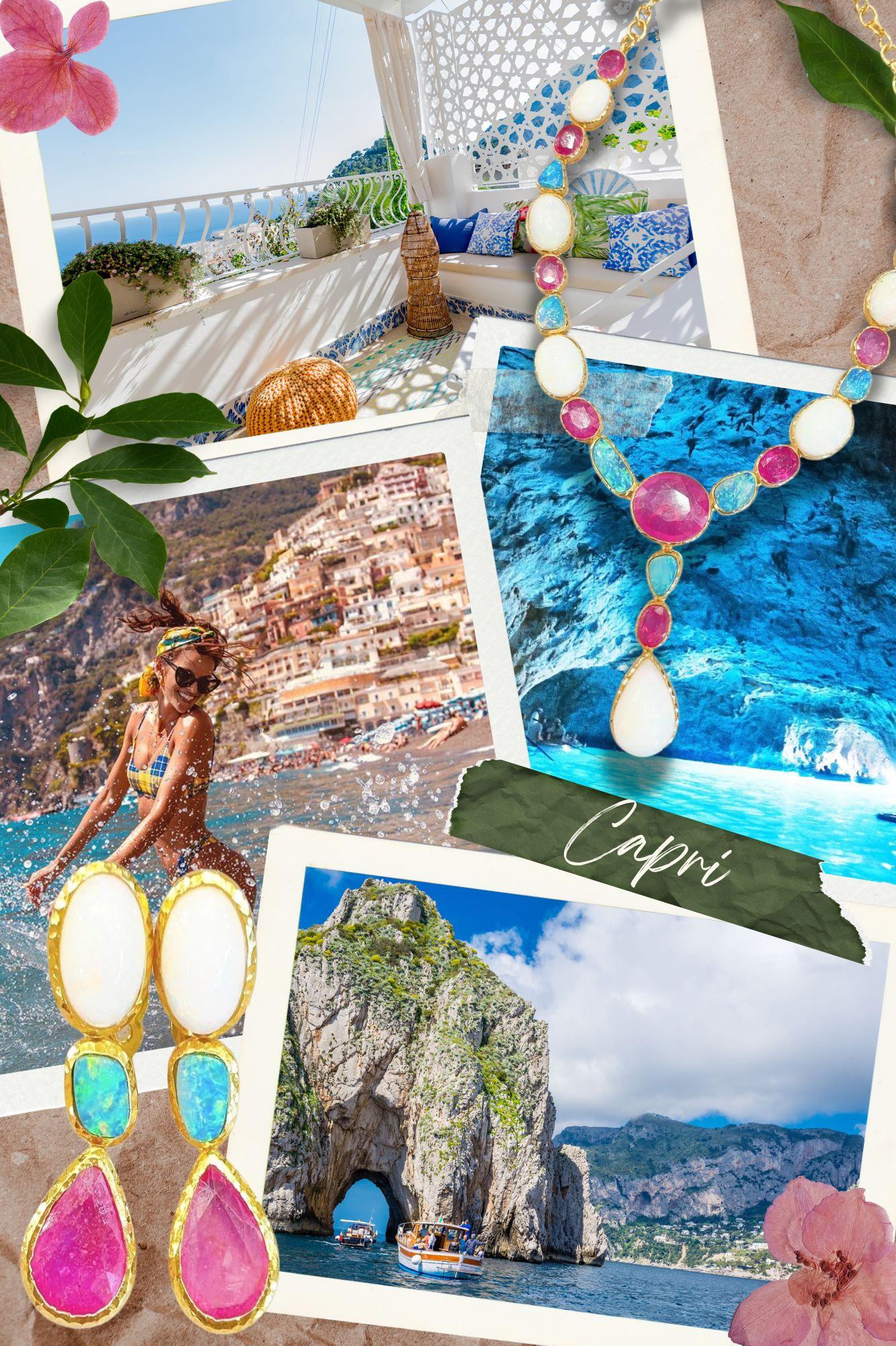 Belle Époque Bochic “Capri” Blue Opal, Ruby & Sapphire Necklace Set in 22k Gold & Silver For Sale