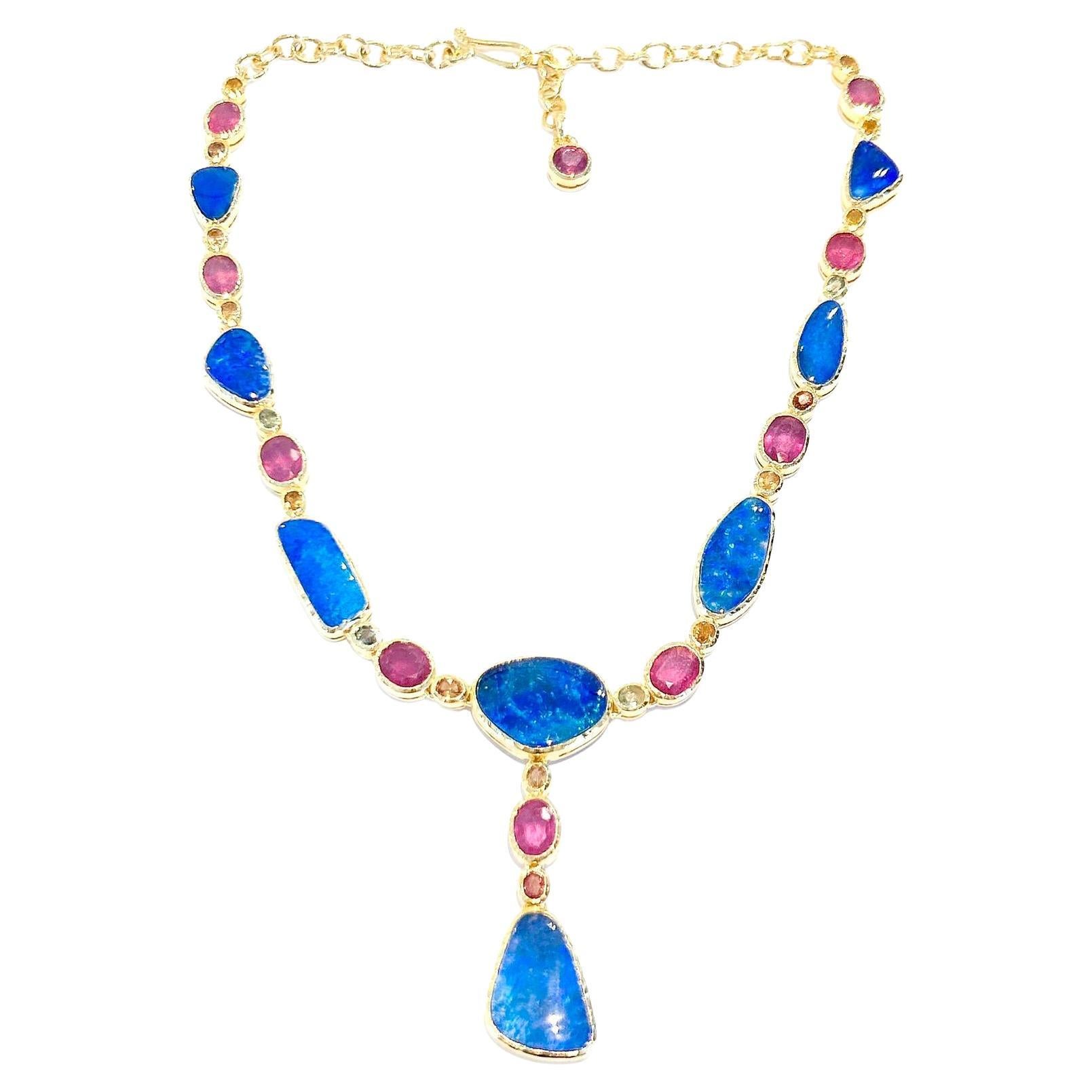 Bochic “Capri” Blue Opal, Ruby & Sapphire Necklace Set in 22k Gold & Silver For Sale