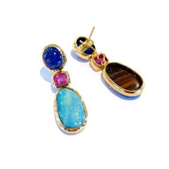 Bochic “Capri” Blue Opal, Sapphire & Ruby Earrings Set in 22k Gold & Silver