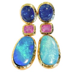 Bochic “Capri” Blue Opal, Sapphire & Ruby Earrings Set in 22k Gold & Silver 