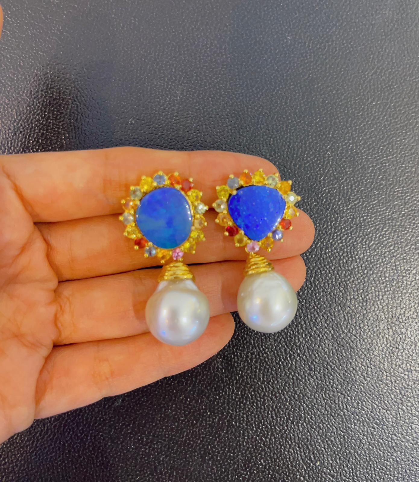 Belle Époque “Capri” Blue Opal, Sapphire & South Sea Pear Earrings Set in 22k & Silver For Sale
