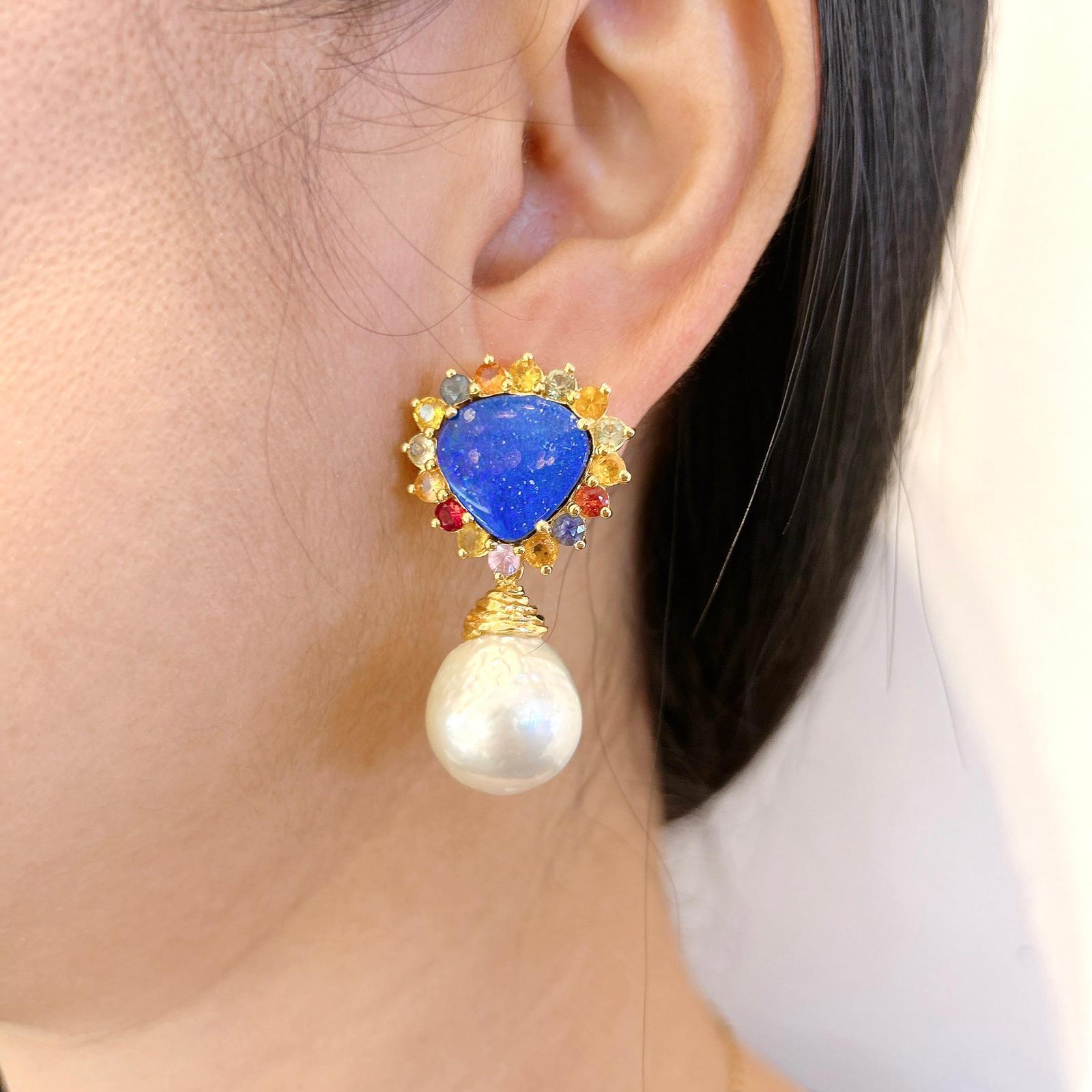 Brilliant Cut “Capri” Blue Opal, Sapphire & South Sea Pear Earrings Set in 22k & Silver For Sale