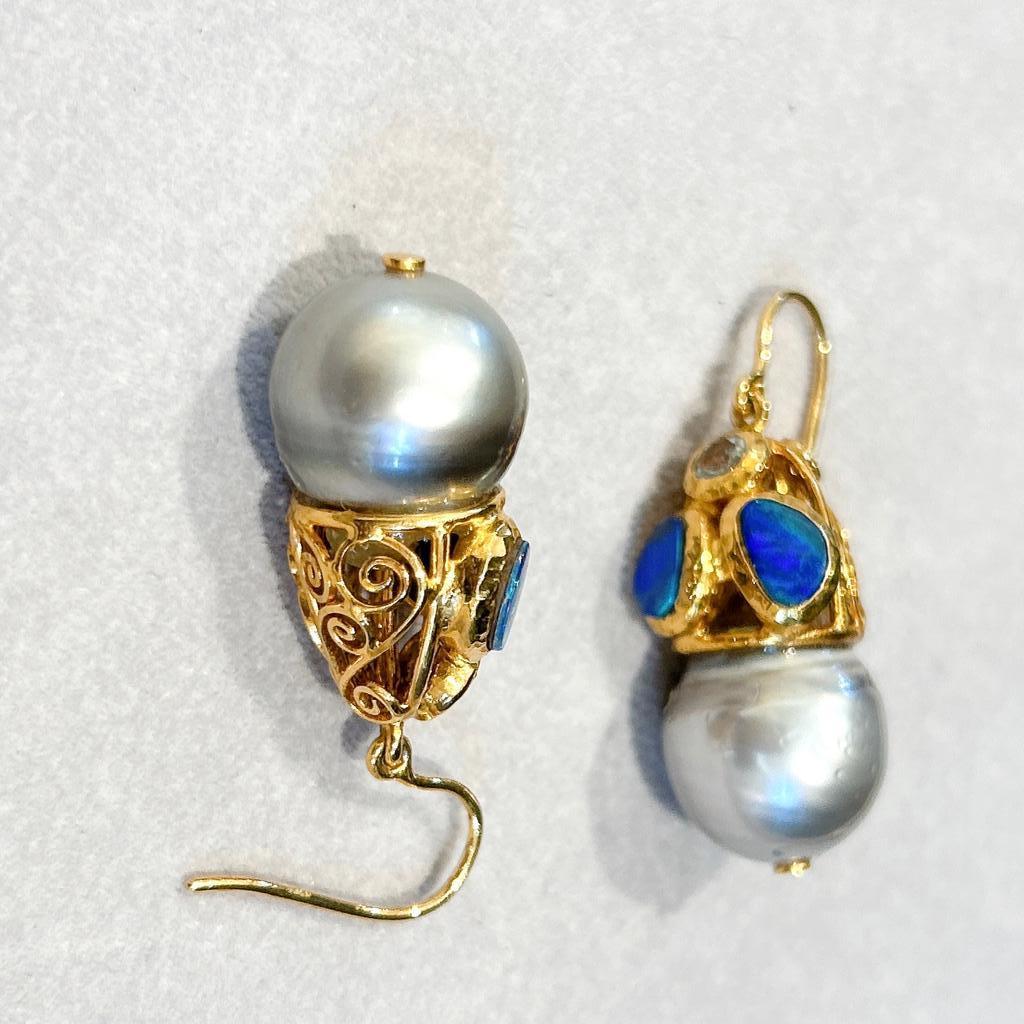 Baroque Bochic “Capri” Blue Opal & Sapphires, Pearl Earrings Set In 18K Gold & Silver  For Sale