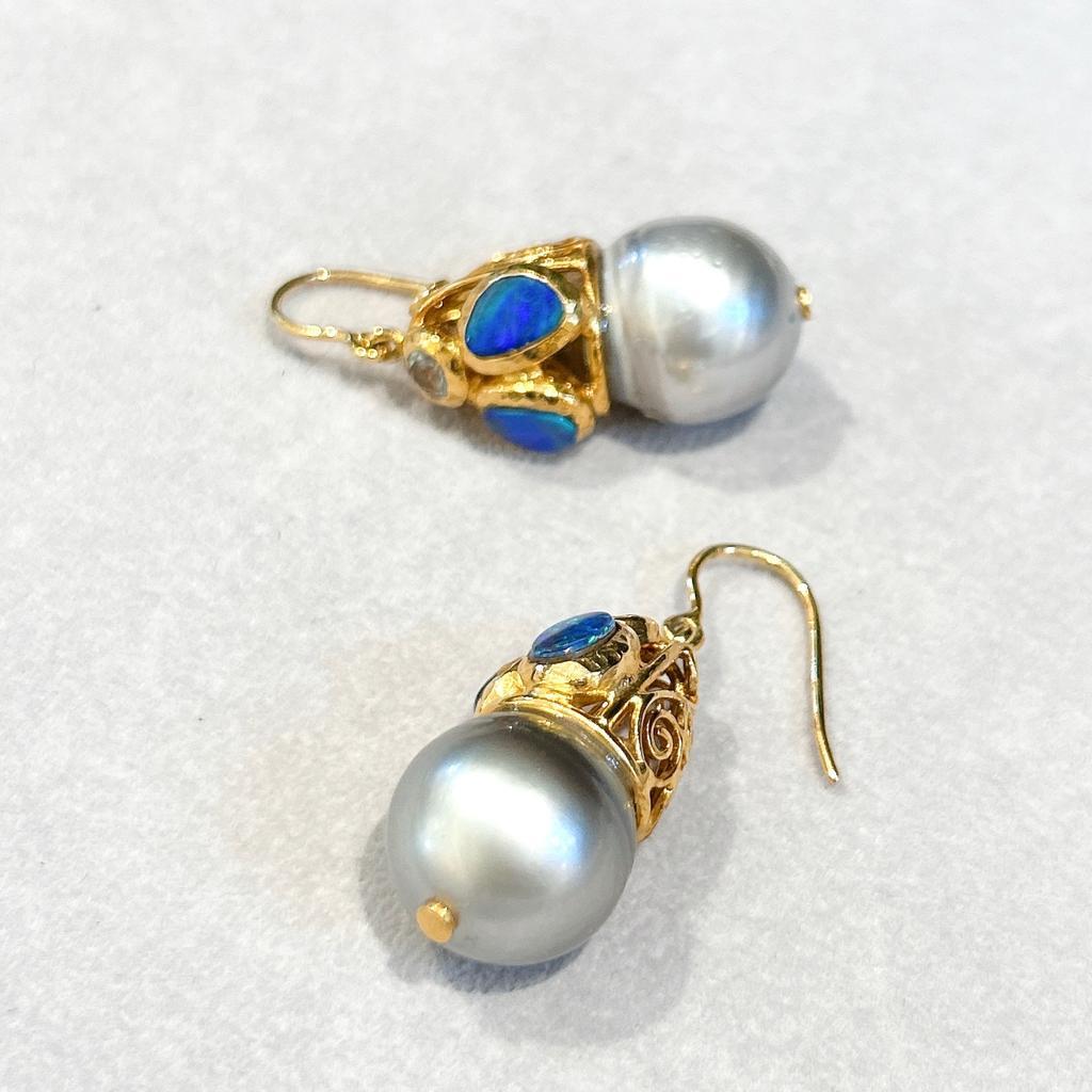 Cabochon Bochic “Capri” Blue Opal & Sapphires, Pearl Earrings Set In 18K Gold & Silver  For Sale