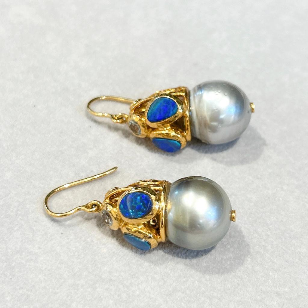 Bochic “Capri” Blue Opal & Sapphires, Pearl Earrings Set In 18K Gold & Silver  In New Condition For Sale In New York, NY