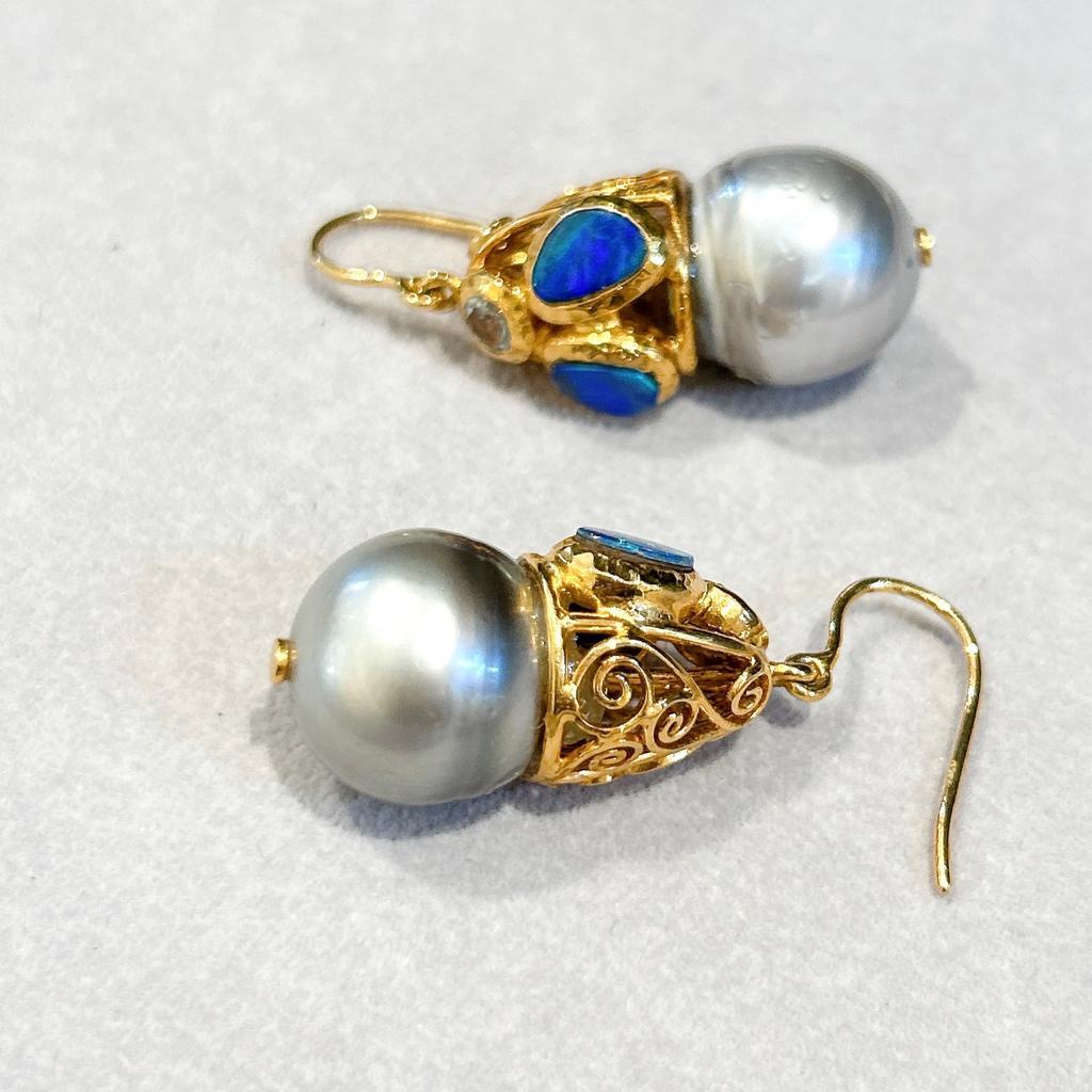 Women's Bochic “Capri” Blue Opal & Sapphires, Pearl Earrings Set In 18K Gold & Silver  For Sale