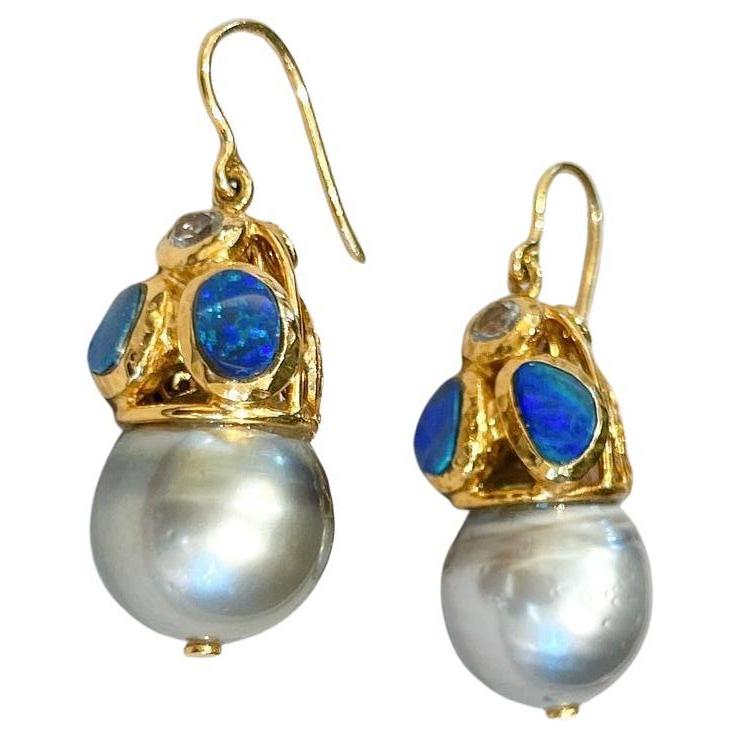 Bochic “Capri” Blue Opal & Sapphires, Pearl Earrings Set In 18K Gold & Silver  For Sale