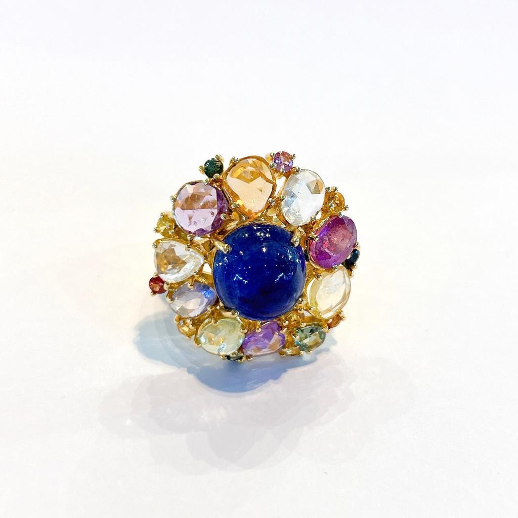 Bochic “Capri” Blue & Rose Cut Sapphires Cocktail Ring Set in 18k Gold & Silver For Sale 7
