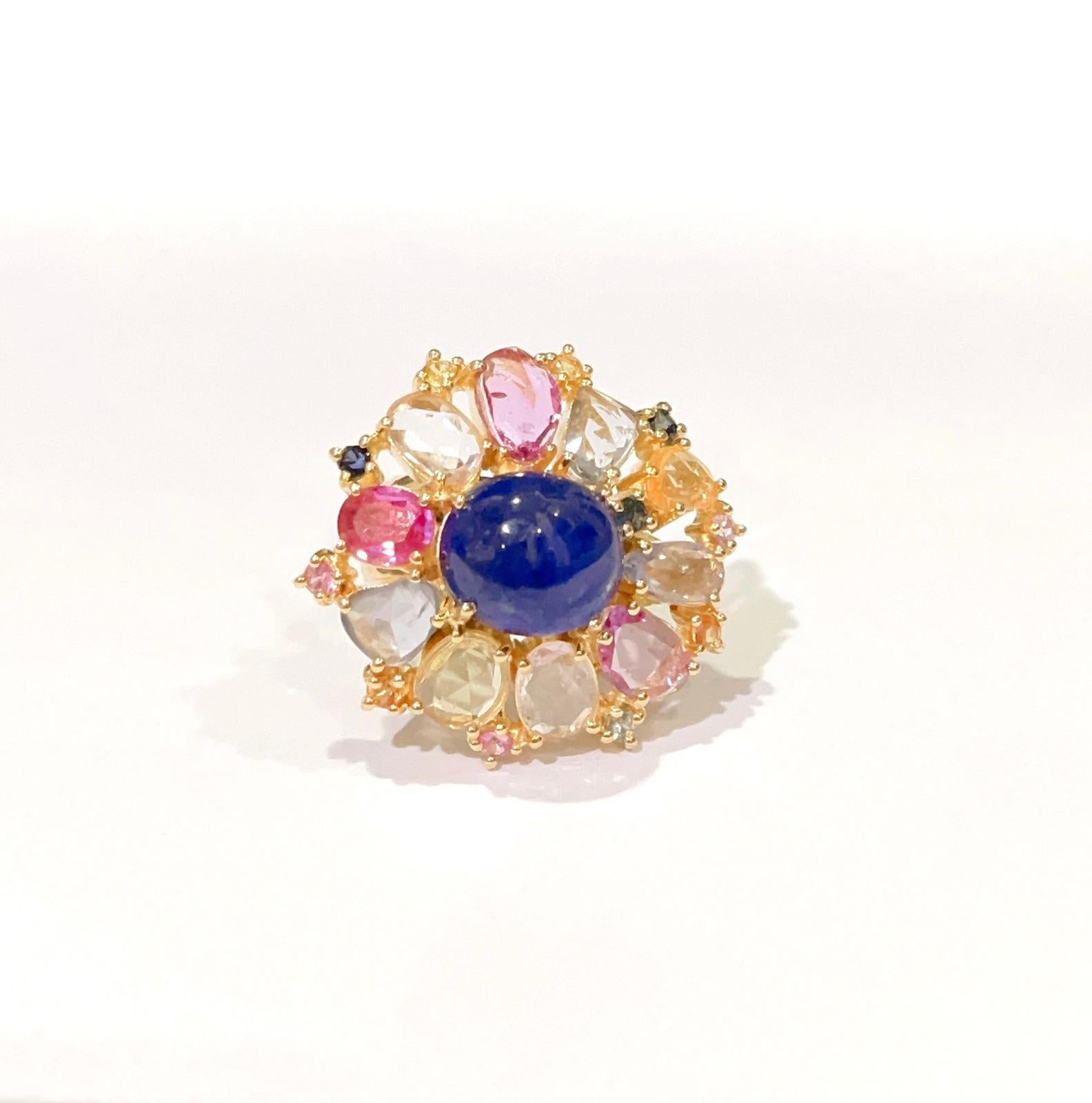 Bochic “Capri” Blue Sapphire, Ruby & Multi Color Rose Cut Sapphire Cocktail Ring Set In 18K Gold & Silver 
Multi natural gem Ring 
Beautiful Natural Blue Sapphire from Sri Lanka  - 12 carats
Set in the middle 
Round/Oval shape cabochon 
Natural