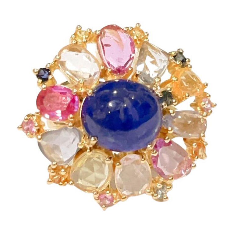 Bochic Capri Cocktail-Ring aus 18 Karat Gold und Silber mit blauen und rosa Saphiren im Rosenschliff im Angebot