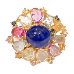 Bochic Capri Cocktail-Ring aus 18 Karat Gold und Silber mit blauen und rosa Saphiren im Rosenschliff