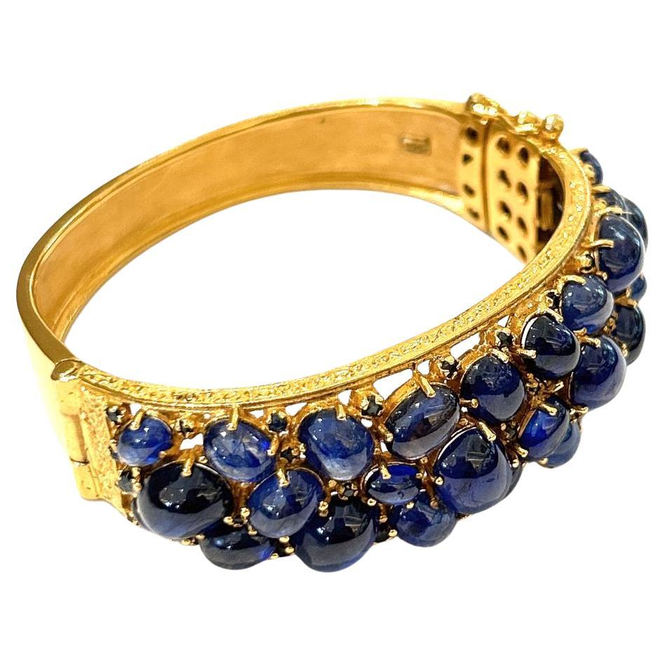 Bochic “Capri” Blue Sapphire Cabochons Bangle Set in 18K Gold & Silver  For Sale