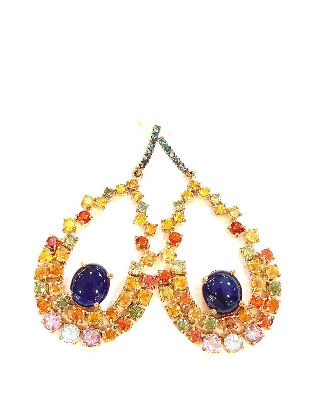 Bochic“Capri” Blue Sapphire &  Multi Sapphires Earrings Set in 22k Gold & Silver For Sale 6
