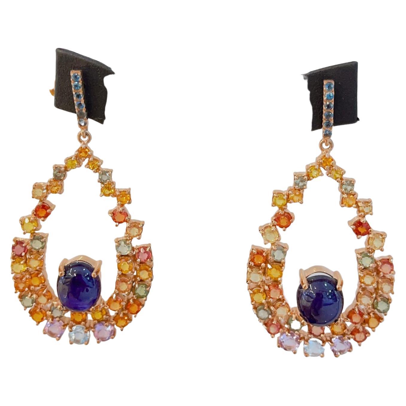 Bochic “Capri” Blue Sapphire & Fancy Multi Sapphires Earrings Set In 22K Gold & Silver 
Natural Blue Sapphire Cabochons - 17.89 Carats 
From Sri Lanka 
Royal Deep Blue Color 
Natural Fancy Multi Color Sapphires  - 20.15 Carats 
Round brilliant