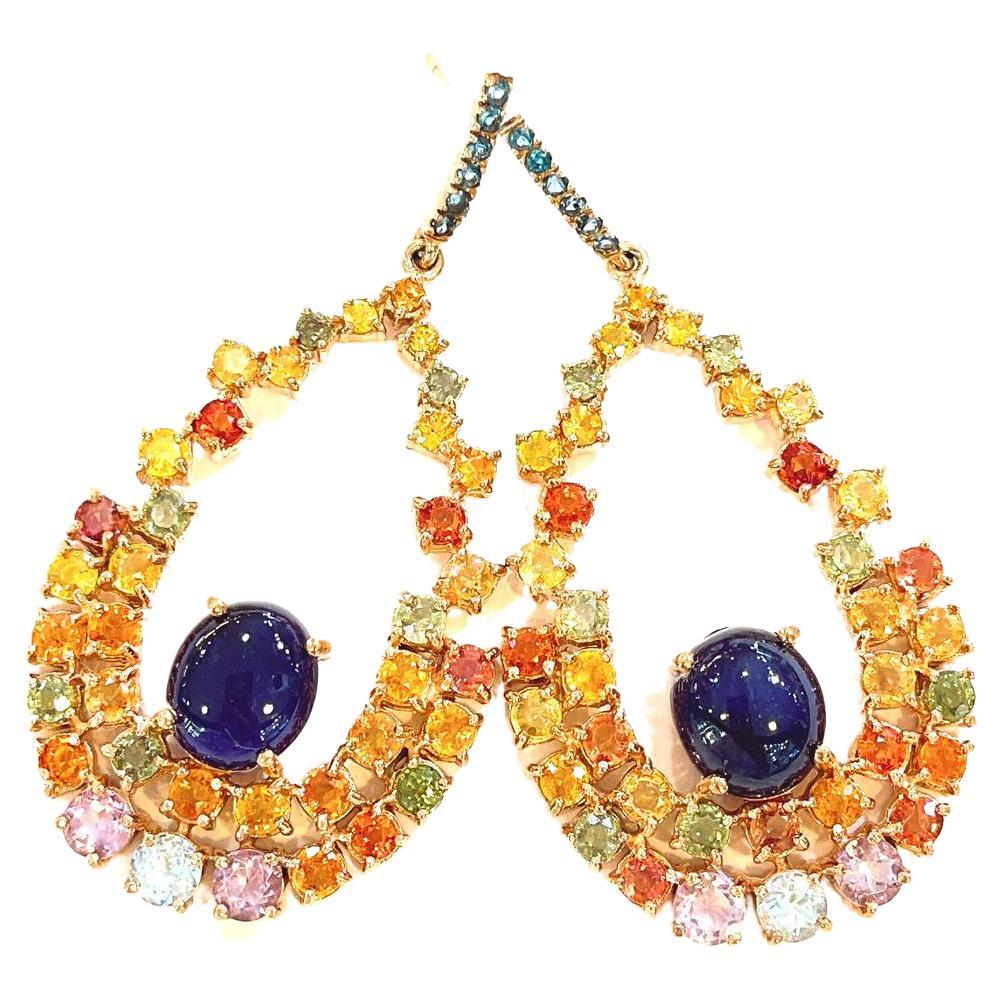 Bochic“Capri” Blue Sapphire &  Multi Sapphires Earrings Set in 22k Gold & Silver