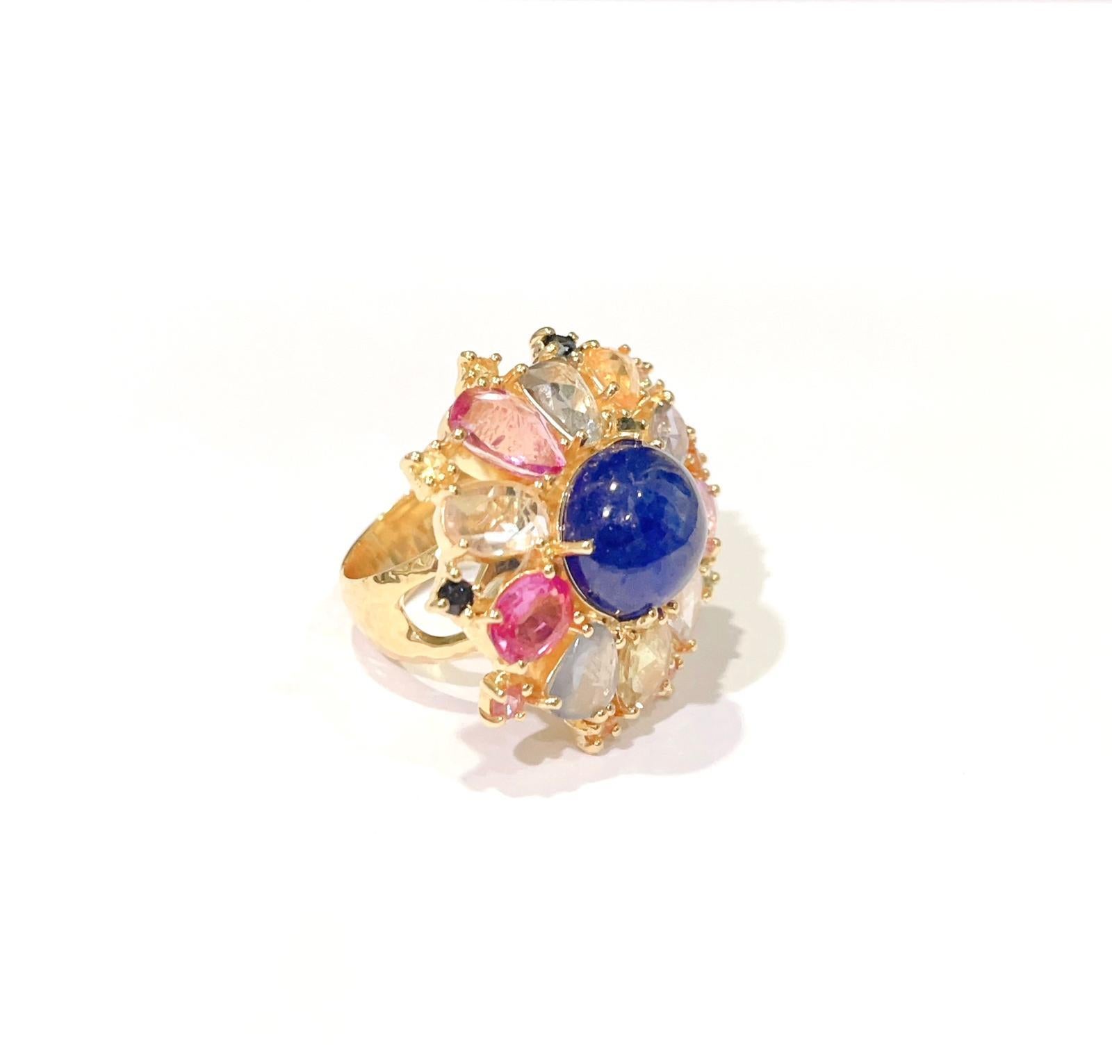 Baroque “Capri” Blue Sapphire & Rose Cut Cocktail Ring Set in 22k Gold & Silver For Sale