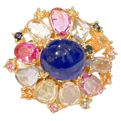 Bochic “Capri” Blue Sapphire & Rose Cut Cocktail Ring Set in 22k Gold & Silver