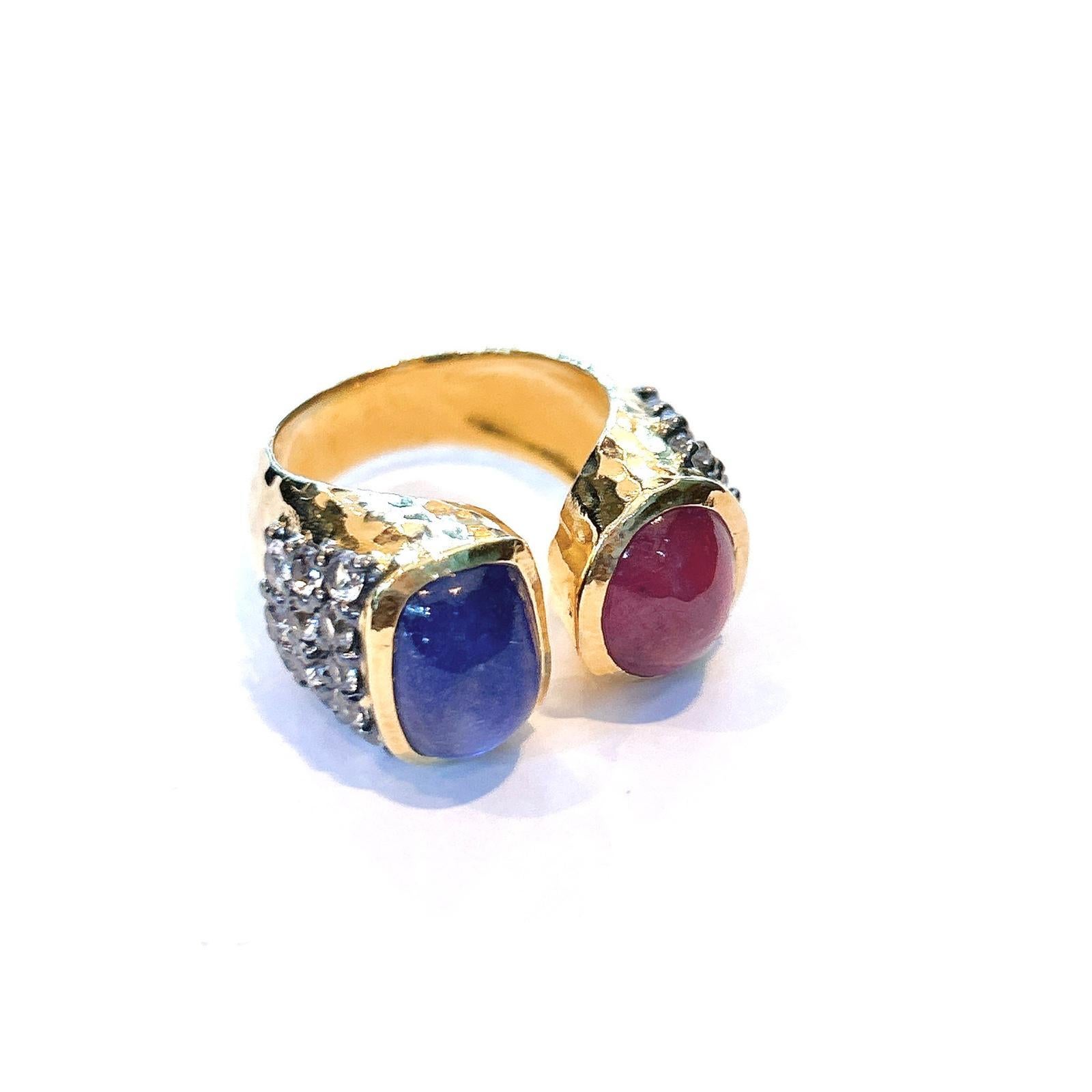 Bochic “Capri” Blue Sapphire, Ruby & Topaz Cocktail Ring Set in 22k Gold & Silve For Sale 7