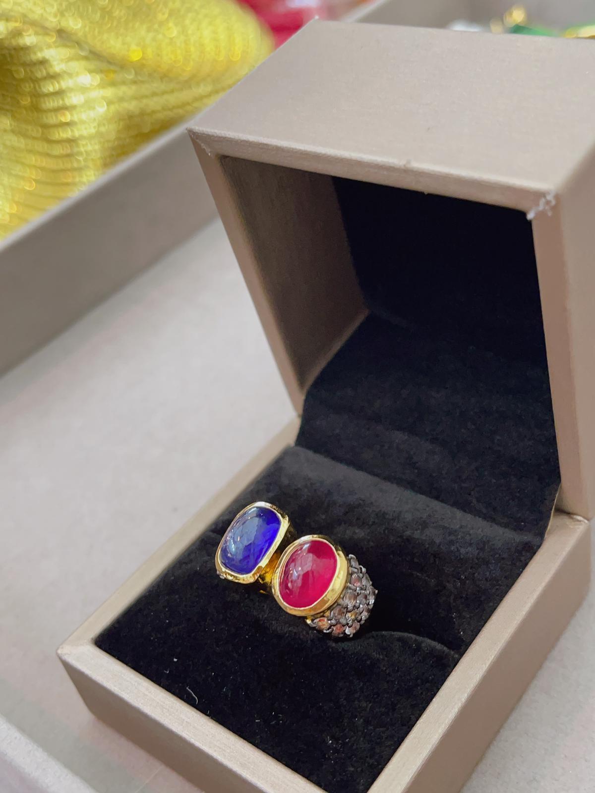 Belle Époque Bochic “Capri” Blue Sapphire, Ruby & Topaz Cocktail Ring Set in 22k Gold & Silve For Sale