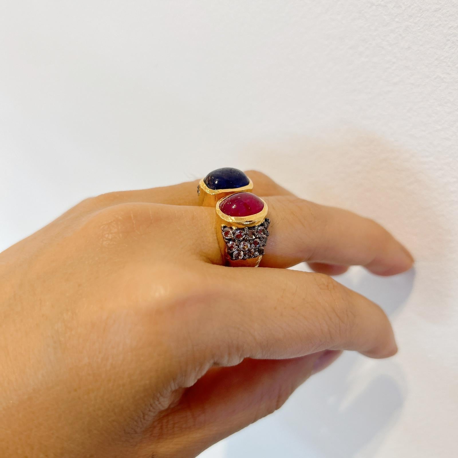 Cabochon Bochic “Capri” Blue Sapphire, Ruby & Topaz Cocktail Ring Set in 22k Gold & Silve For Sale