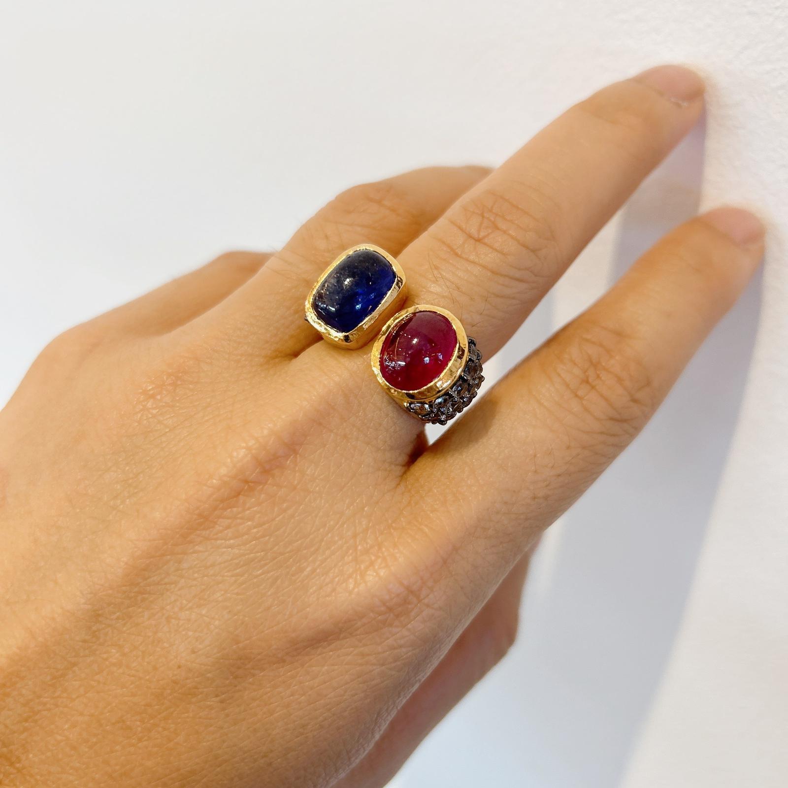 Women's Bochic “Capri” Blue Sapphire, Ruby & Topaz Cocktail Ring Set in 22k Gold & Silve For Sale