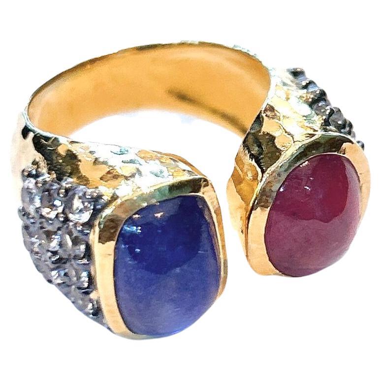 Bochic “Capri” Blue Sapphire, Ruby & Topaz Cocktail Ring Set in 22k Gold & Silve For Sale